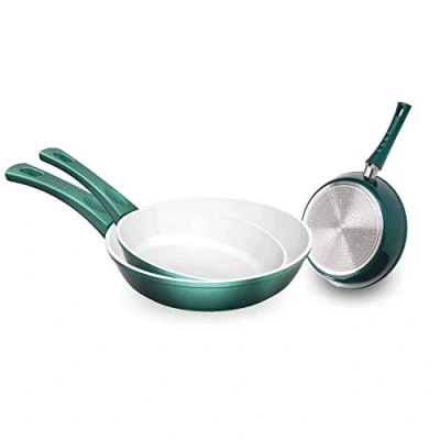 Immagine di Genius Cerafit Fusion Set di padelle a induzione in ceramica (3 pezzi) verde smeraldo con rivestimento antiaderente antigraffio per una cottura sana senza grassi e olio, grande