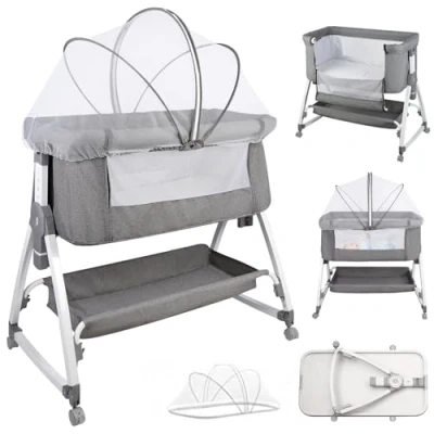 Immagine di HUOLE Culla Neonato Fianco, Cododo con Materasso e Zanzariera 2 in 1 per Bambini da a 36 Mesi, Inclinazione di 20,Ruote, 80 * 40 100 115 cm lino