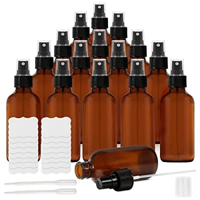 Immagine di BELLE VOUS 16pz Bottigliette Vetro Mini Boccette Ambrato 120 ml con Profumi Vuoti Nebulizzatore Profumo, Pipetta ed Etichette Adesive per Aromaterapia, Oli