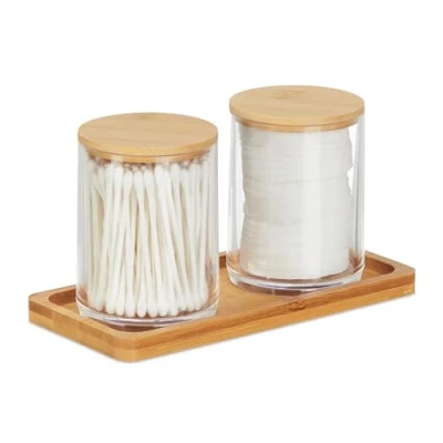 Immagine di Relaxdays Porta Cotton Fioc, Bagno, 2 Box in Plastica per Dischetti di Cotone, Coperchi bambù, Naturale Trasparente, 10 x 19 9 cm