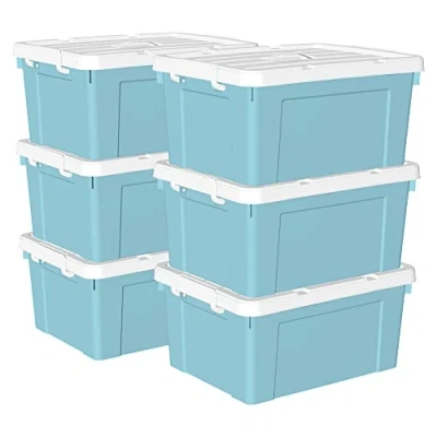 Immagine di Cetomo Scatola portaoggetti in plastica, 45L*6, contenitore per organizzare con coperchio durevole e fibbie di chiusura sicura, impilabile annidabile, confezione da 6 pezzi, bianco