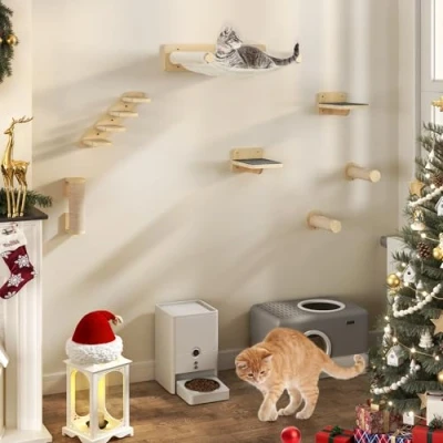 Immagine di YITAHOME 7PCS Parete da Arrampicata per Gatti, Mobili in Legno Tiragraffi Gatti con 3 Colonne Rivestite Sisal/Scala a 4 Gradini Tiragraffi/Amaca