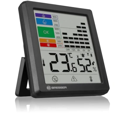 Immagine di Bresser Termoigrometro con avviso di muffa, indicatore colore, gestione del clima, misura temperatura e umidità, allarme influenzale/calore, cronologia dell&#039;umidità grafica, 95 x 85 21 mm