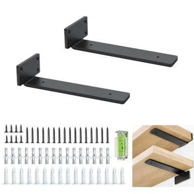Immagine di staffe per mensole bianche, 2 pezzi di reggimensola ferro industriali resistenti da 20 cm/8 pollici, a L in metallo nero supporto scaffali fai te (spessore 1/5 pollice, nero)