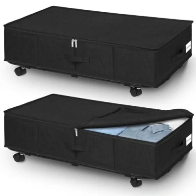 Immagine di JUPELI 2 cassettiera sotto il letto con ruote, 50 l, pieghevole, supporto per pavimento in metallo, grande contenitore letto, trapunte, vestiti