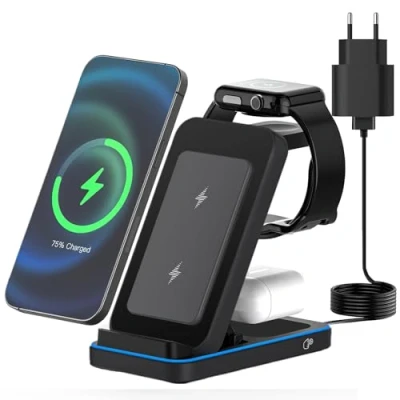 Immagine di JOEAIS Stazione di Ricarica Wireless 3 in 1, Caricatore Pieghevole con Adattatore, Stand Multipla 15W Max per iPhone/Samsung/Apple Watch/Apple Earphones (Nero)