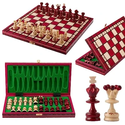 Immagine di Master of Chess Scacchiera in Legno 35cm Fatto a Mano Portatile Rosso Set di Scacchi Pieghevoli per Bambini e Adulti