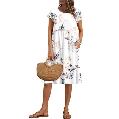 Immagine di AUSELILY Vestito Estivo da Donna a Maniche Corte Abiti Casual Larghi Abito al Ginocchio con Scollo Girocollo e Tasche