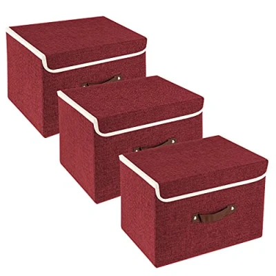Immagine di TYEERS Scatole Portaoggetti Tessuto, Lavabile, con Coperchio Pieghevole, 38x25x25 cm, Set di 3, Vino Rosso