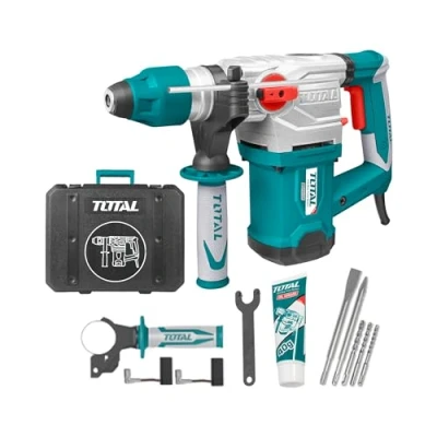 Immagine di TOTAL Martello Combinatto 1500 W combinato con cavo 850 giri/min, 5,5 J di impatto Include 3 punte da trapano, 2 scalpelli e un set spazzole bianco blu