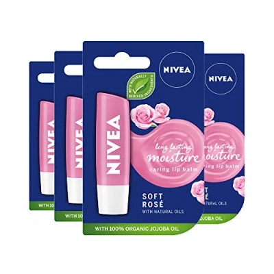 Immagine di NIVEA Soft Rosé Lip Balm, 4 Pack (4 x 4.8g), Natural Oil Moisturizer Enriched with Rose Extract, 24 Hour Moisture Care Blending Formula of the lips