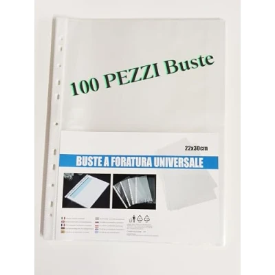 Immagine di HD BRICO Buste Perforate Formato A4, fogli Trasparenti incolori A4 / Perforate, Lucide, Alto Spessore, 30 x22 cm (Lucide 100 Pezzi)