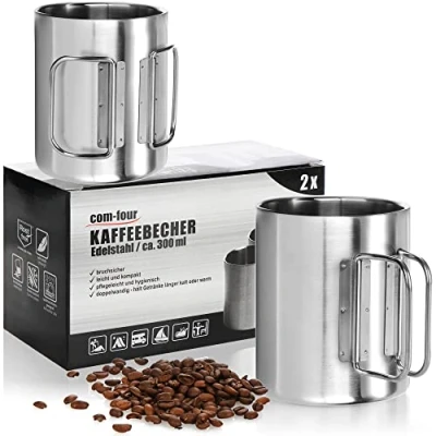 Immagine di com four® 2X Tazze da caffè in Acciaio Inossidabile 300 ml Tazza Viaggio Inox 304 con Manico Pieghevole Senza BPA (Argento 300ml 2 Pezzi)