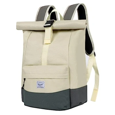 Immagine di CALIYO Rolltop, zaino da donna e uomo, per laptop, a mano, con scomparto impermeabile, computer portatile, università, scuola, studio, viaggi, Bianco perla