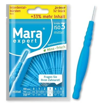 Immagine di Mara Expert 32 spazzole interdentali Basic, 1,1 1,2 mm, ISO 3 medio, 33% in più di contenuto, con gusto menta, colore blu,