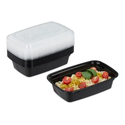 Immagine di Relaxdays Vaschette per Alimenti in Set, 1 Scomparto, Riutilizzabili, Porta Pranzo Plastica con Coperchio, Nero, PP, 10 pz