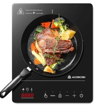 Immagine di Aobosi Piastra Induzione, a Induzione con Corpo Portatile Ultrasottile (32 * 26 4.2), 20 Livelli di Potenza e Temperatura, Funzione Booster 2000W, Blocco Sicurezza, Timer 10H