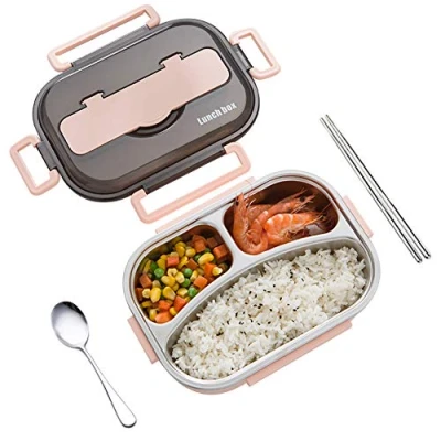 Immagine di amropi Scatole Bento Lunch Box Acciaio Inossidabile Contenitori 2/3/4/5 Scomparto Dispensa con Bastoncini e Cucchiaio (Rosa, 3 Scomparto)