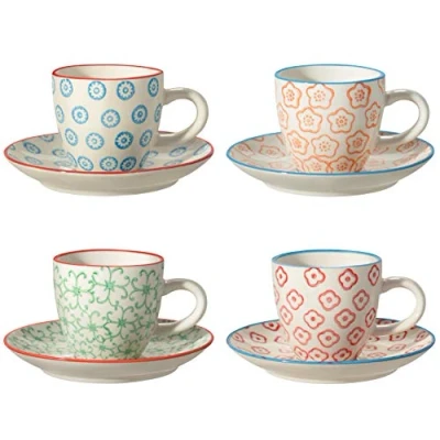 Immagine di Bloomingville Tazzine da caffè con piattino Emma motivo in gres colorato C: Ø 6 x H 5,5 cm, S: 11,5 blu arancia verde rosso, Ceramica Gres, set 4, Capacità 80 ml