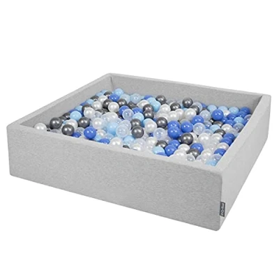 Immagine di KiddyMoon Piscina di Palline 120X30cm/200 Grande Quadrato per Bambini Fabbricato in EU, Grigio Chiaro:Perla/Blu/Azzurro/Trasp/Argento