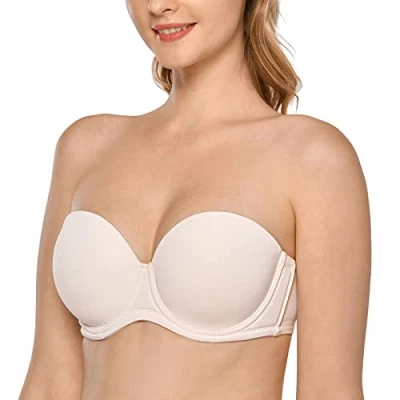 Immagine di DELIMIRA Donna Reggiseno Senza Spalline Push Up Invisibile Taglie Forti Multiuso con Ferretto Coppe Modellate Bianco Cocco 7F