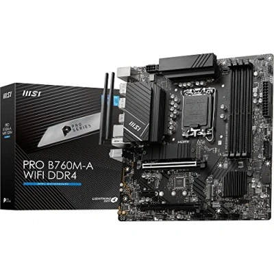 Immagine di MSI PRO B760M A DDR4 Scheda Madre, Micro ATX Supporta processori Intel 12th e 13th Gen Core, LGA 1700 Memory Boost 5333+MHz/OC, slot PCIe 4.0 x16, M.2 Gen4