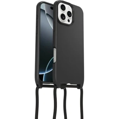 Immagine di OtterBox Cover React Series Necklace MagSafe per iPhone 16 Pro Max, Custodia Ultra sottile, resistente a shock con cordino collana, adattabile e intercambiabile, testata norme MIL STD 810G, Nero