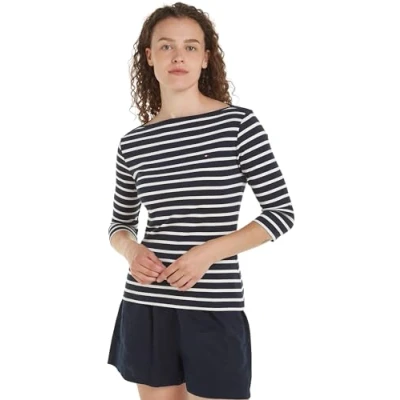 Immagine di Tommy Hilfiger Maglietta Maniche Lunghe Donna Slim Scollo a Barca, Multicolore (Breton Desert Sky/Ecru), XXS