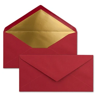 Immagine di 15x Buste formato lunghe Colore: Rosso scuro con rivestimento interno metallizzato oro 110 x 220 mm Colla a umido festive per Natale