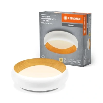 Immagine di Plafoniera LED LEDVANCE ORBIS Livia con anello in metallo, decoro bianco/legno, 16W, 750lm, 3000K, 300mm, 830 bianco caldo amichevole, dimmerabile 3 livelli un clic, IP20, viti/tasselli inclusi