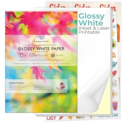 Immagine di Evergreen Goods 100 fogli di carta adesiva lucida formato A4, bianca, autoadesiva, stampabile a getto d&#039;inchiostro/laser, adesivi fai da te, compatibili con plotter, retro resistente