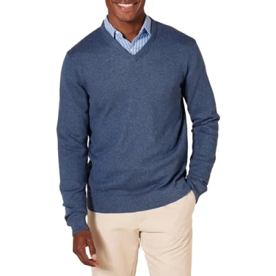 Immagine di Amazon Essentials Maglione con Scollo a V (Disponibile in Taglie Extra Forti) Uomo, Blu Puntinato, XS