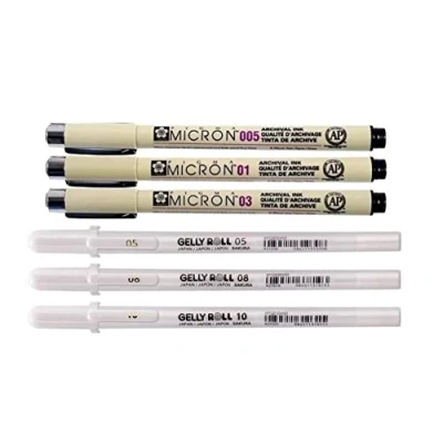 Immagine di Sakura Pigma Micron 3 fineliners +Sakura Gelly Roll Bright White, astuccio con penne a sfera inchiostro gel, colore bianco brillante, tratto fine 05/08/10