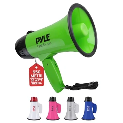 Immagine di Pyle Megafono Sirena, Portatile Compatto e a Batteria, 20 Watt, Microfono, 2 Modalità, Suono PA, Manico Pieghevole, Verde