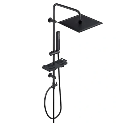 Immagine di Görbach Colonna Doccia Acciaio Inox Senza Miscelatore Fori Muro Regolabili Nero idromassaggio Asta con soffione a Pioggia e Porta Ogetti Mensola Quadrato 30 * 30cm