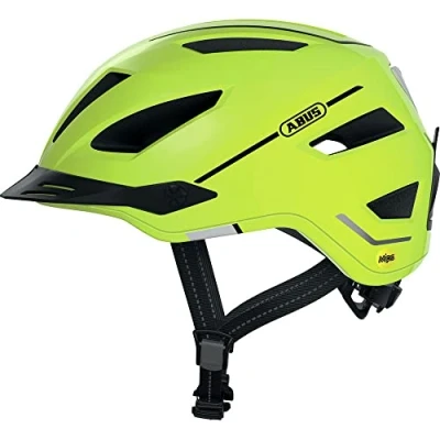 Immagine di ABUS city helmet Pedelec 2.0 MIPS casco da bici con luce posteriore, visiera, parapioggia e protezione dagli impatti per uomo donna Giallo lucido, taglia L