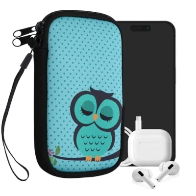 Immagine di kwmobile Custodia in Neoprene con Zip per Smartphone M 5,5&quot; Astuccio portacellulare a Sacchetto Cerniera Borsa Verticale Civetta dormiente Turchese/Marrone/Menta
