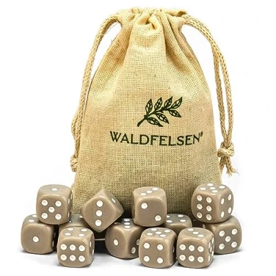 Immagine di Waldfelsen 6, 12, 20, 30 o 50 dadi di alta qualità, dimensioni standard 16 mm, acrilici, da gioco, 6 lati, set accessori gioco con sacchetto stoffa (grigio, 12 pezzi)