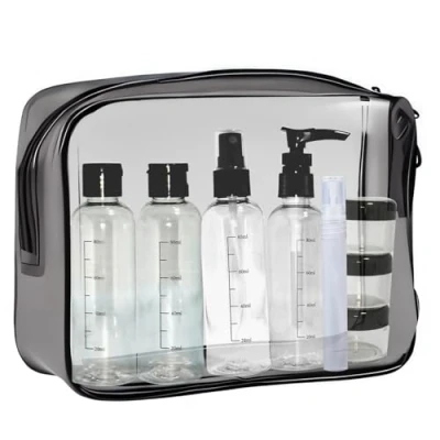 Immagine di Set Borsa da Toilette Trasparente e Bottigliette viaggio Aereo, Beauty Case &amp; 8 PCS Contenitori Liquidi Cosmetici 100ml flaconi aereo per Shampoo,Crema,Lozione