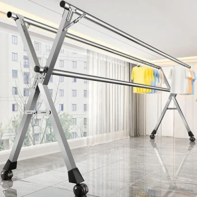 Immagine di UVCMDUI Stendino Alto per Lenzuola, Verticale Salvaspazio Pieghevole, Stendi Biancheria Allungabile con Rotelle, Acciaio Inox a Forma di X Interni ed Esterni,2m