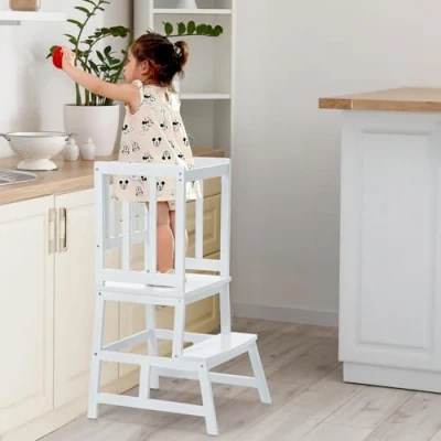 Immagine di COSYLAND Torre Montessoriana Bambini Torretta 2 in 1 Multifunzione, Sicura e Antiscivolo, Trasformabile Scaletta per Cucina Bagno, da 18 Mesi(Bianco)