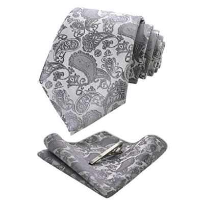 Immagine di JEMYGINS Cravatta Uomo Grigio2 in Seta Paisley Design Diversi Colori cena di gala con Fazzoletto e Fermacravatta