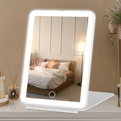 Immagine di FASCINATE Specchio da viaggio ricaricabile, per il trucco, cosmetico, con 72 luci LED, 3 colori di luce regolabili pieghevole