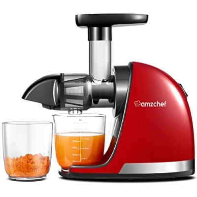 Immagine di AMZCHEF Estrattore Frutta e Verdura a Freddo Pofessionale Masticazione Delicata Non C&#039;è Bisogno Di Filtrare Succo Senza BPA con Due Tazze Pennello Rosso