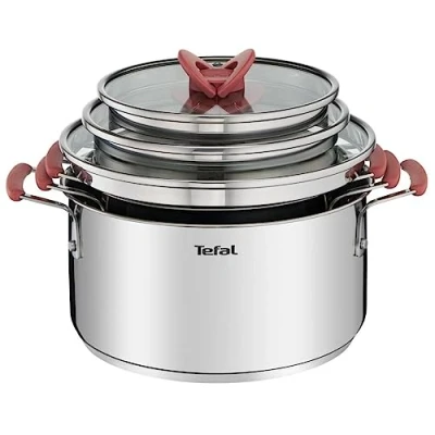 Immagine di Tefal OptiSpace Set di 3 pentole + coperchi: da 18, 20 e 24 cm in acciaio inox, coperchi piatti, maniglie antiscivolo tocco freddo, segni misura, tutti i tipi cucine