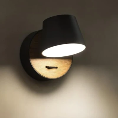 Immagine di ouglres Lampada Da Parete Con Interruttore Nero, Industriale In Legno Girevole a 360, Retrò Per Lettura Interna, Comodino Camera Letto, Corridoio Soggiorno