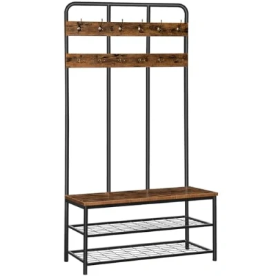 Immagine di HOOBRO Grande Appendiabiti, Attaccapanni con Scarpiera e 12 Ganci, Portabiti Autoportante, Mobile Ingresso Corridoio, Struttura in Metallo, Assemblaggio Semplice, Stile Industriale EBF05MT01