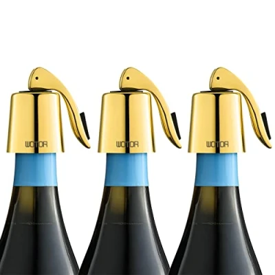 Immagine di WOTOR Tappi Bottiglie Vino in Acciaio Inox, Tappo per con Guarnizione Silicone, Riutilizzabile Accessori Vino, a Prova di perdite, Mantenere Il Fresco, Confezione da 3 (Oro)