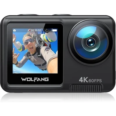 Immagine di WOLFANG Dual Color Screen Action Cam 4K 60FPS 24MP GA420 WiFi Fotocamera, 10M Corpo/40M Custodia Impermeabile Subacquea Videocamera Casco con Telecomando, Mic, Batterie 2x1350mAh