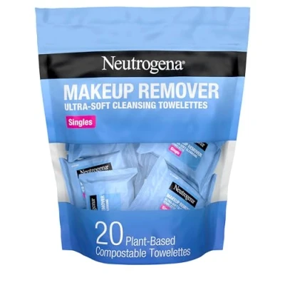 Immagine di Neutrogena Makeup Remover Cleansing Towelette Singles, Daily Face Wipes To Remove Dirt, Oil, &amp; Waterproof Mascara, Individually Wrapped, 20 Count